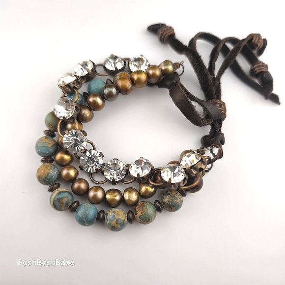 Boho Multi-Strand Bracelet with Leather Tie, Crystals, and Natural Stone Beads - Picture 1 of 6